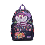 A Disney-themed school backpack featuring Alice in Wonderland characters, including the Cheshire Cat and Alice, in a floral print on a dark purple background. The backpack has a top carrying handle, a front zippered pocket, and a visible Disney logo patch.