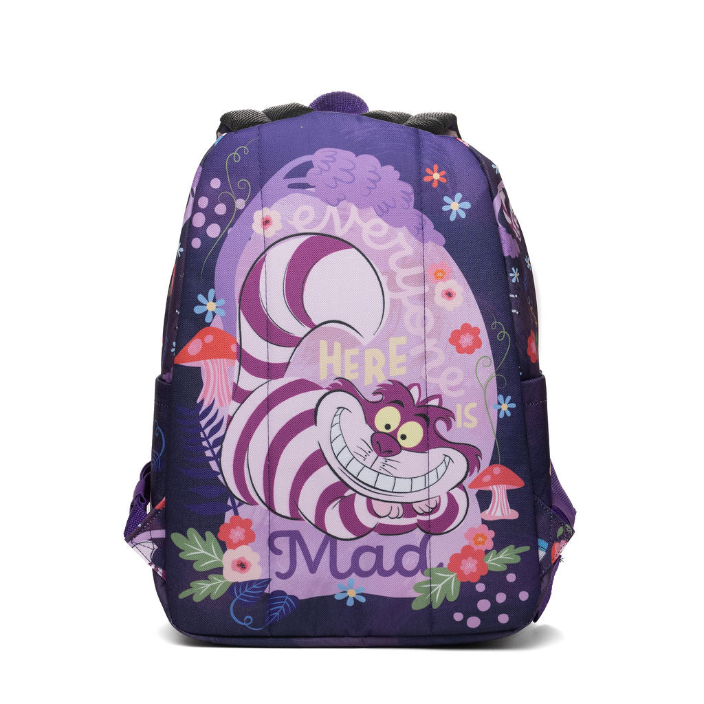 WondaPop Disney Cheshire Cat - Alice in Wonderland 16" School Backpack featuring a cartoon Cheshire Cat design with the words 'Here is Mad' and floral accents, shown against a plain white background.