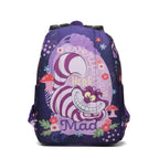 WondaPop Disney Cheshire Cat - Alice in Wonderland 16" School Backpack featuring a cartoon Cheshire Cat design with the words 'Here is Mad' and floral accents, shown against a plain white background.