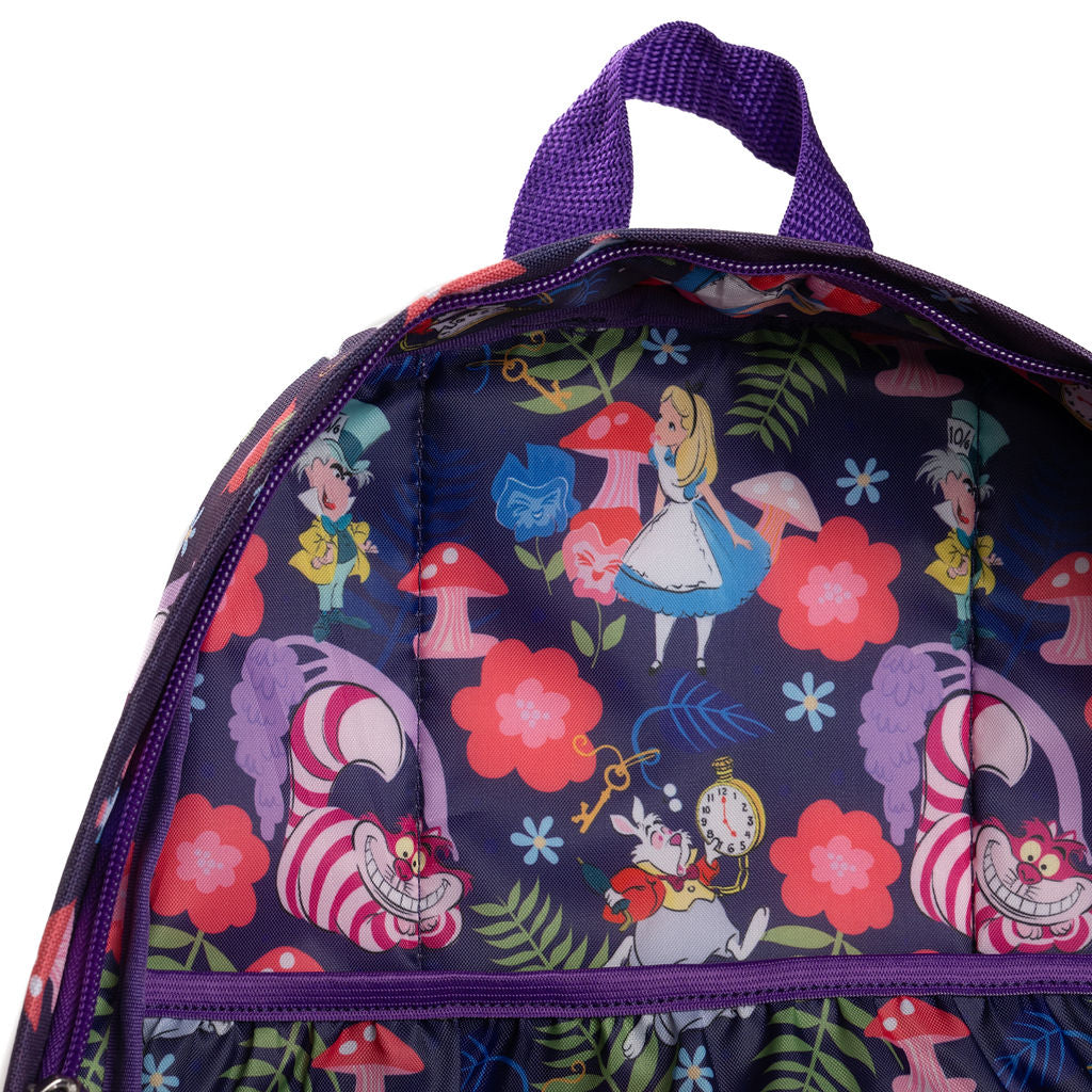A close-up of WondaPop Disney Cheshire Cat - Alice in Wonderland 16" School Backpack custom lining featuring a colorful Alice in Wonderland print with the Cheshire Cat, Alice, and mushrooms on a dark purple background, with a purple top handle and zipper.