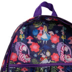 A close-up of WondaPop Disney Cheshire Cat - Alice in Wonderland 16" School Backpack custom lining featuring a colorful Alice in Wonderland print with the Cheshire Cat, Alice, and mushrooms on a dark purple background, with a purple top handle and zipper.