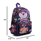 A purple backpack with a Cheshire Cat and Alice in Wonderland cartoon print, shown with black dimension lines indicating 16 inches tall, 12 inches wide, and 5.5 inches deep on a white background.