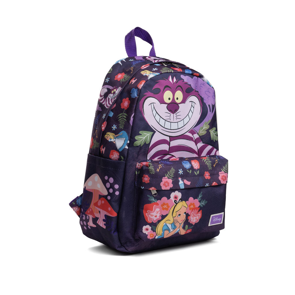 WondaPop Disney Cheshire Cat - Alice in Wonderland 16" School backpack featuring the Cheshire Cat, a mushroom, and Alice in a floral print, shown on a white background.