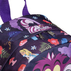 Close-up of a purple backpack featuring a colorful Cheshire Cat and Alice in Wonderland print, with a zippered pocket and purple straps on a white background.