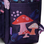 Close-up of WondaPop Disney Cheshire Cat - Alice in Wonderland 16" School Backpack  left side featuring a colorful mushroom print with pink, red, and orange mushrooms, white spots, and lavender dots.