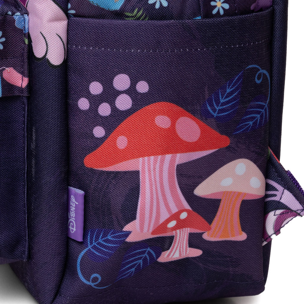 Close-up of WondaPop Disney Cheshire Cat - Alice in Wonderland 16" School Backpack  left side featuring a colorful mushroom print with pink, red, and orange mushrooms, white spots, and lavender dots.