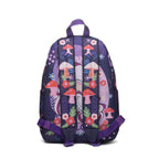 A purple backpack featuring the Cheshire Cat and a whimsical mushroom and floral pattern, shown from the back against a plain white background.