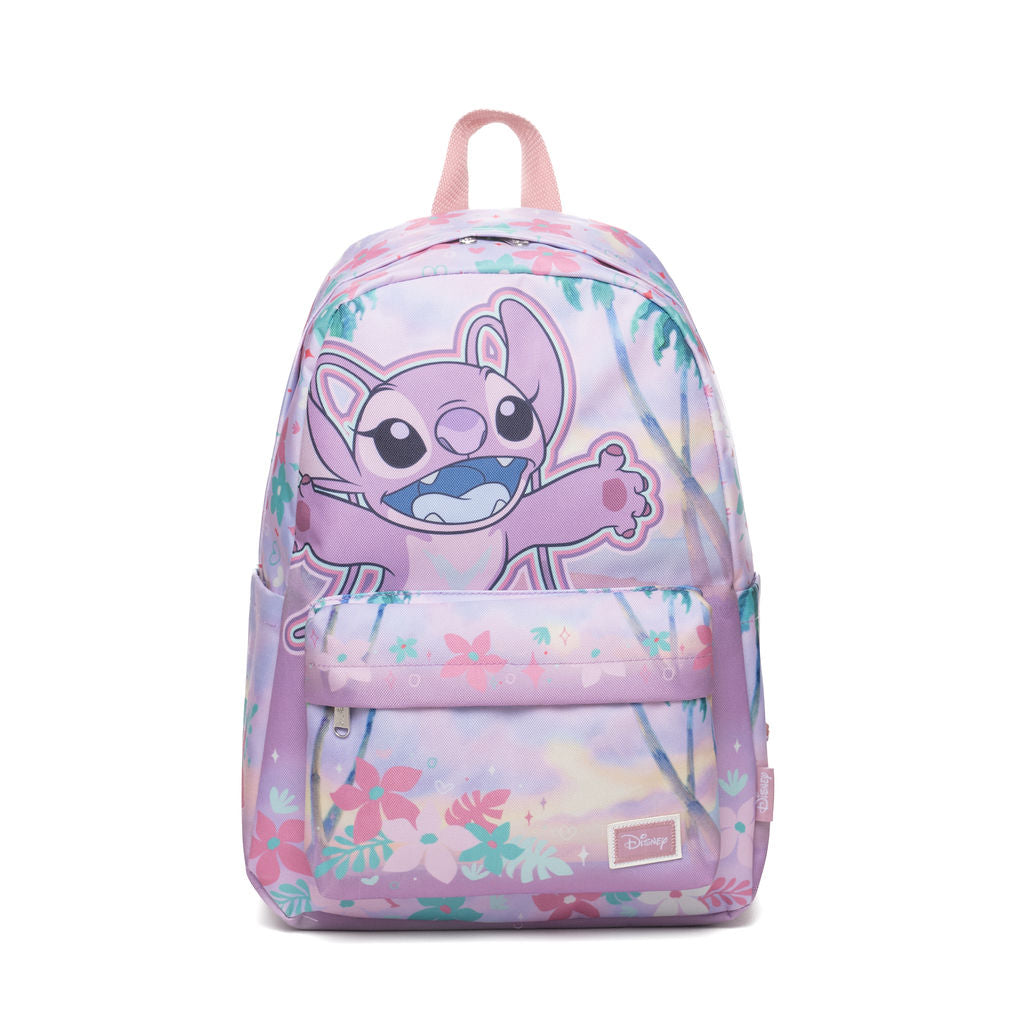 A pastel pink and purple backpack featuring a large graphic of Angel from Lilo & Stitch on the front, decorated with tropical floral patterns, set against a plain white background.