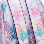 Close-up of pastel printed backpack straps with pink flowers, teal leaves, and white hearts, artwork on lavender and cream background.