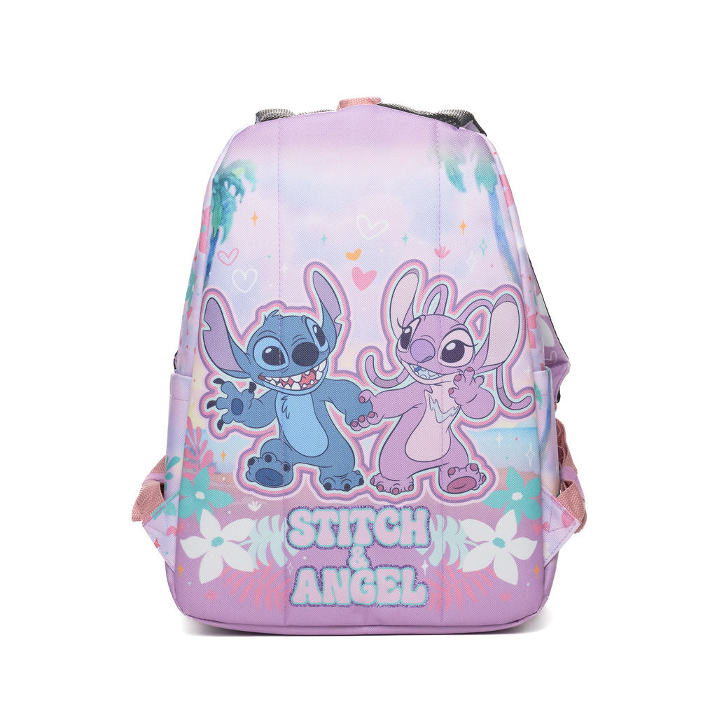A pastel pink and purple backpack featuring cartoon characters Stitch and Angel, with the text 'STITCH & ANGEL' printed on the back, set against a plain white background.