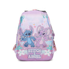 A pastel pink and purple backpack featuring cartoon characters Stitch and Angel, with the text 'STITCH & ANGEL' printed on the back, set against a plain white background.