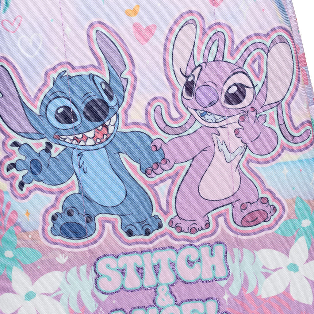 A close-up of a Disney Stitch & Angel graphic print, showing the two characters holding hands against a pastel pink and blue background with hearts, flowers, and the text 'STITCH & ANGEL'.