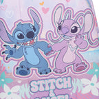A close-up of a Disney Stitch & Angel graphic print, showing the two characters holding hands against a pastel pink and blue background with hearts, flowers, and the text 'STITCH & ANGEL'.