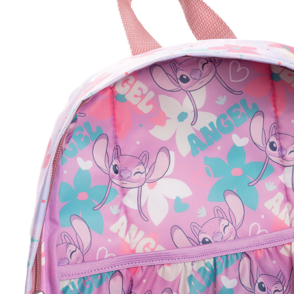 A close-up of WondaPop Disney Angel - Lilo & Stitch 16" School Backpack's custom lining featuring a repeating print of Angel, flowers, and the word 'ANGEL' in teal and white, with a pink zipper and top handle visible.