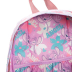 A close-up of WondaPop Disney Angel - Lilo & Stitch 16" School Backpack's custom lining featuring a repeating print of Angel, flowers, and the word 'ANGEL' in teal and white, with a pink zipper and top handle visible.