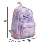A pastel backpack with a floral print and  graphic of Angel from Lilo & Stitch, shown with dimension lines indicating 16 inches tall, 12 inches wide, and 5.5 inches deep on a white background.