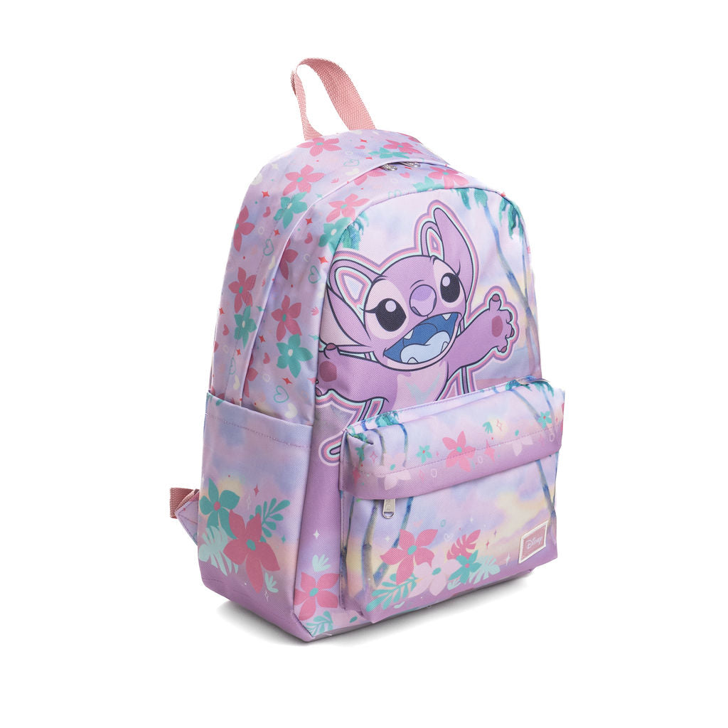 A pastel purple backpack featuring a print of Angel and a floral pattern on front, shown on a plain white background.