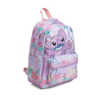A pastel purple backpack featuring a print of Angel and a floral pattern on front, shown on a plain white background.