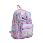A pastel purple backpack featuring a Angel from Lilo & Stitch and tropical floral pattern, shown on a clean white background.