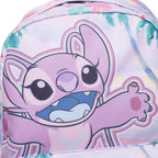 Close-up of a pastel backpack featuring a large Angel print in pink, purple, blue, and white with a tropical leaf pattern.