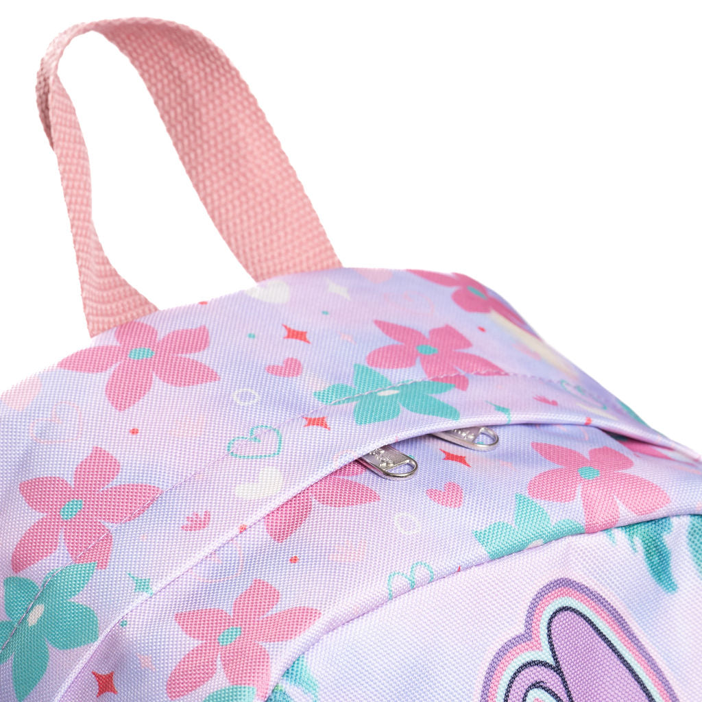 Close-up of a light purple backpack with a pink floral print, featuring pink fabric handles and a silver zipper pull.