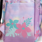 Close-up of a pastel backpack right side pocket with a floral print in pink, mint green, and lavender on a soft iridescent background.