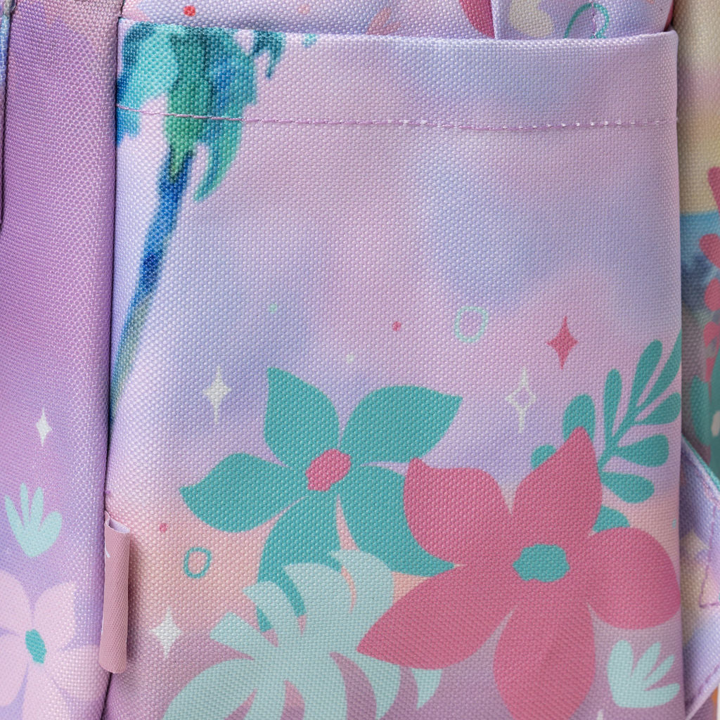 A close-up of WondaPop Disney Angel - Lilo & Stitch 16" School Backpack's left side pocket with a pastel floral print. The material features a light pink and lavender background with teal, pink, and mint green flowers and leaves.