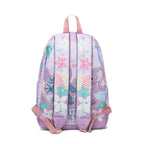 A pastel purple backpack featuring a colorful cartoon print of Stitch and Angel, with pink floral straps, shown against a plain white background.