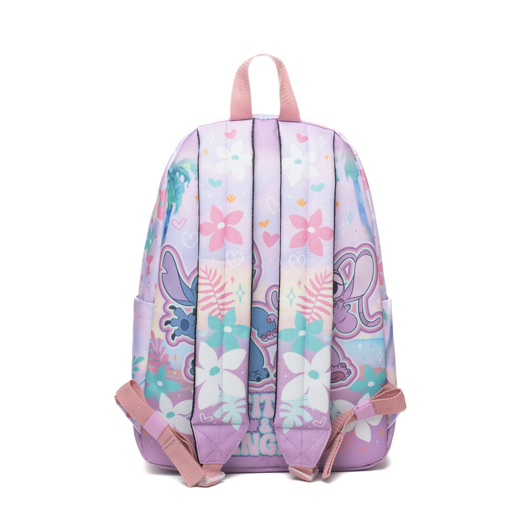A pastel purple backpack featuring a colorful cartoon print of Stitch and Angel, with pink floral straps, shown against a plain white background.