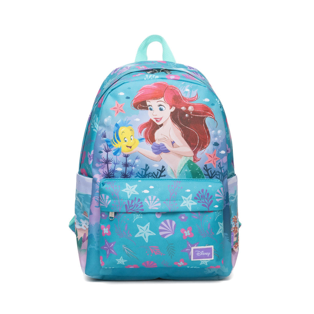 A Disney-themed backpack featuring Ariel and Flounder from The Little Mermaid on a turquoise ocean background, with a front zip pocket and side pockets.