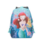 A children's backpack featuring a colorful illustration of Ariel from The Little Mermaid on a light blue underwater-themed background, shown against a plain white studio background.