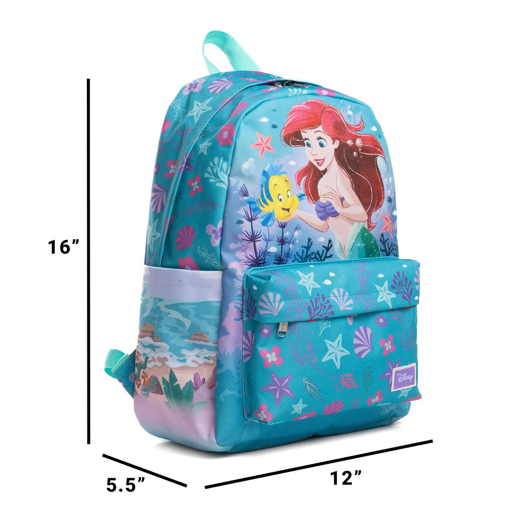 A turquoise Disney backpack featuring Ariel and Flounder on the front, with underwater-themed prints, shown with dimension lines indicating 16 inches tall, 12 inches wide, and 5.5 inches deep.