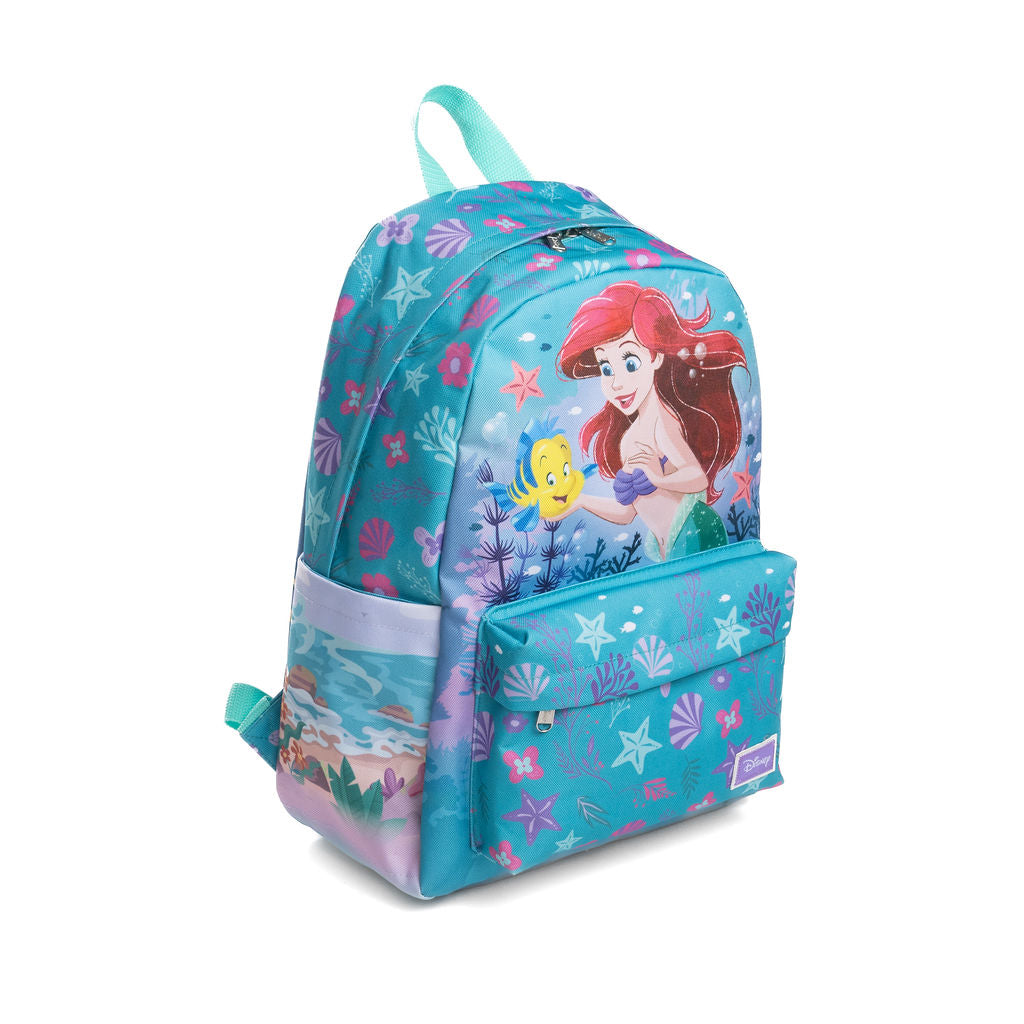 A Disney-themed school backpack featuring Ariel and Flounder from The Little Mermaid on a turquoise blue background with a floral and sea-creature pattern, shown on a white background.