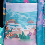 Close-up of WondaPop Disney Ariel - The Little Mermaid 16" School Backpack right side pocket with a colorful illustrated ocean scene in the center and teal floral-patterned fabric on the sides.