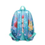 A children's backpack featuring a colorful The Little Mermaid-themed print with Ariel, starfish, seashells, and a golden castle on a blue ocean background, shown against a plain white studio background.
