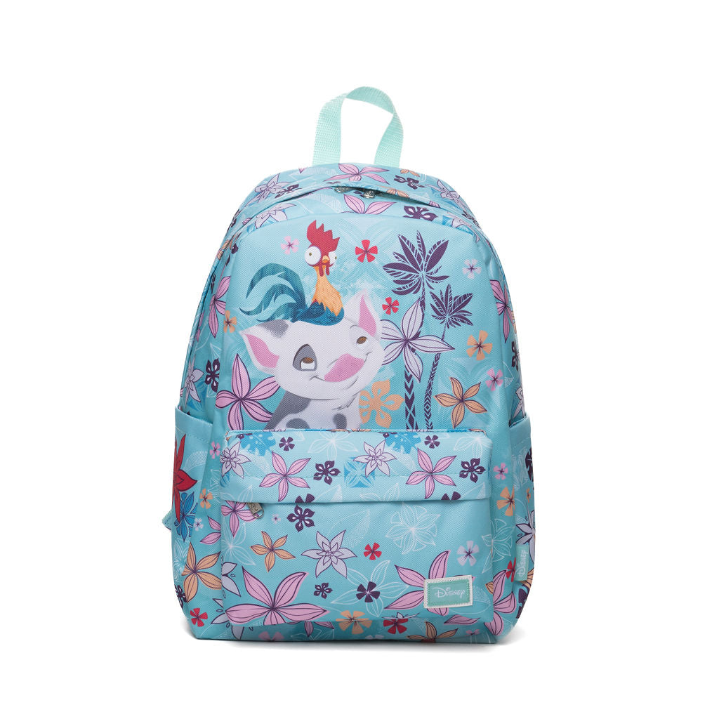 A light blue backpack featuring a colorful cartoon print of Pua and Hei Hei from Disney's Moana, surrounded by pink and purple flowers, shown on a plain white background.