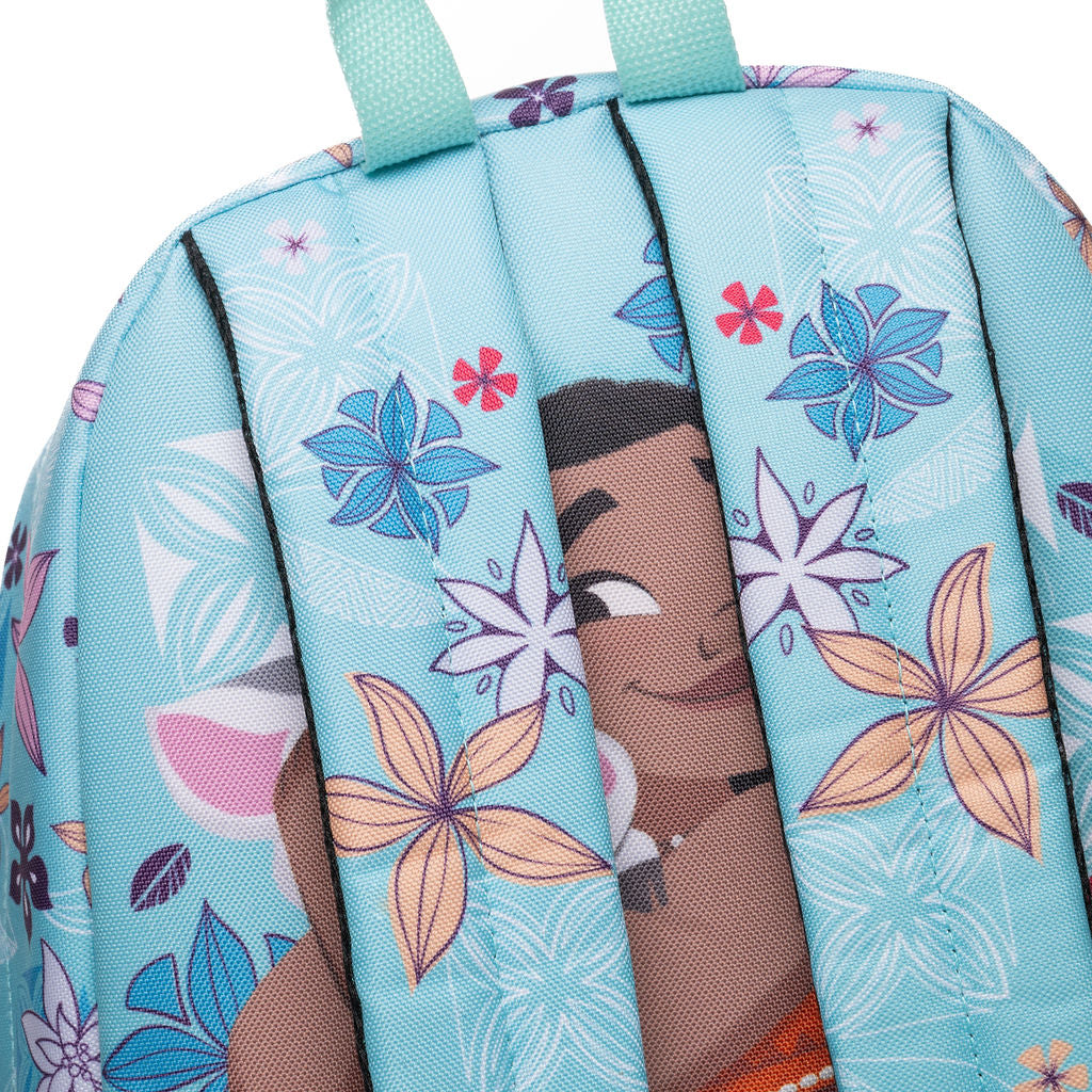 A close-up of light blue backpack straps featuring a floral print. Mint green handle on top and a print of Moana on the back of the bag can be seen through the straps. 