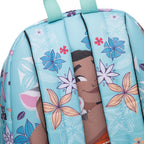 A close-up of light blue backpack straps featuring a floral print. Mint green handle on top and a print of Moana on the back of the bag can be seen through the straps. 