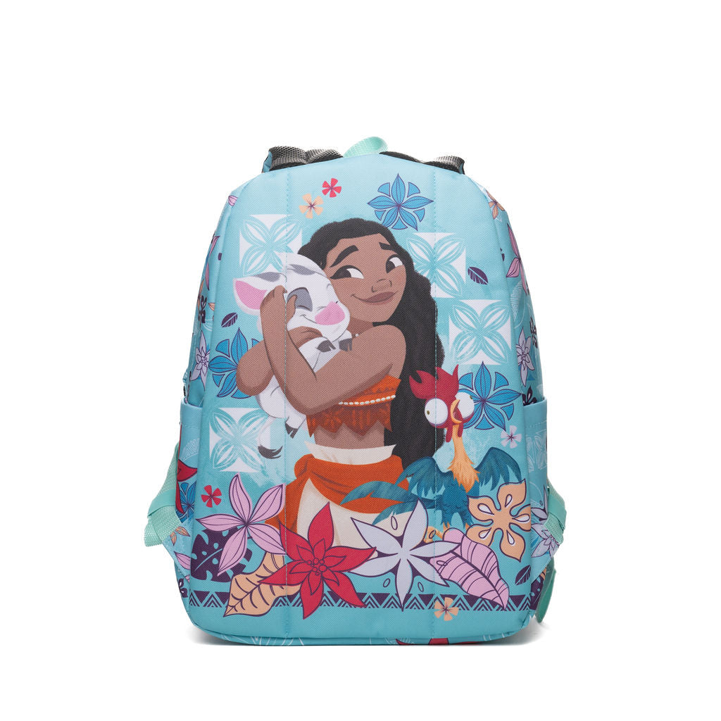 The back of a light blue backpack featuring a colorful Disney Moana graphic print with Moana holding Pua and Hei Hei, set against a plain white background.