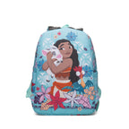 The back of a light blue backpack featuring a colorful Disney Moana graphic print with Moana holding Pua and Hei Hei, set against a plain white background.