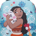 A close-up of the back of a light blue backpack featuring a colorful print of Disney's Moana with Pua and Hei Hei surrounded by floral patterns. 