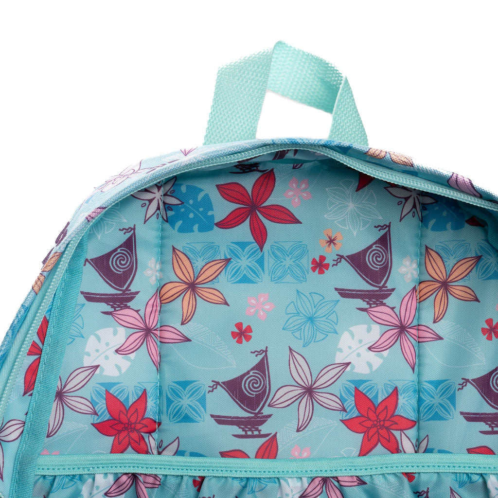 Close-up of WondaPop Disney Moana 16" School Backpack's custom lining with a colorful tropical floral and sailboat pattern, featuring a top handle and laptop pocket.