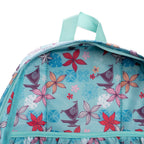 Close-up of WondaPop Disney Moana 16" School Backpack's custom lining with a colorful tropical floral and sailboat pattern, featuring a top handle and laptop pocket.