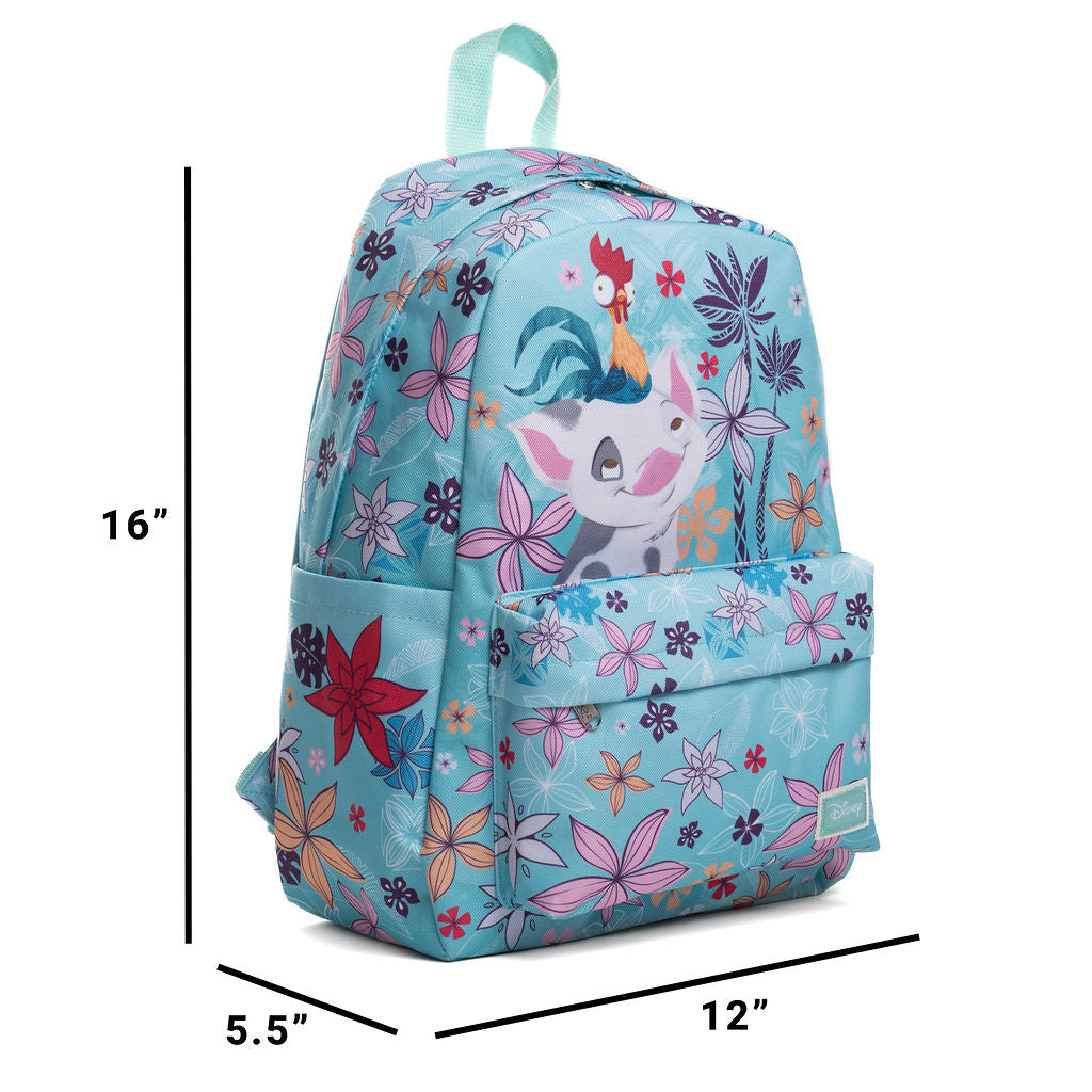 WondaPop Disney Moana 16" School Backpack shown with black dimension lines indicating 16 inches tall, 12 inches wide, and 5.5 inches deep on a white background.