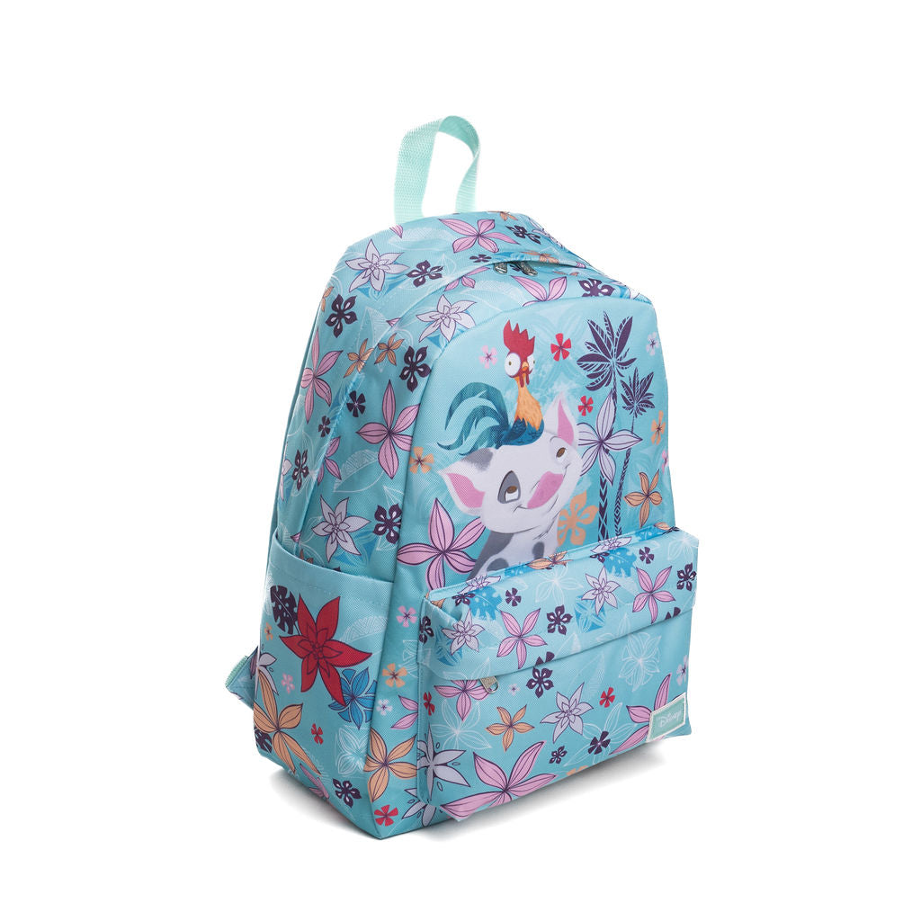A light blue backpack featuring a Pua and Hei Hei from Disney's Moana with a tropical floral pattern, shown on a plain white background.