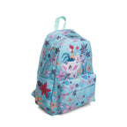 A light blue backpack featuring a Pua and Hei Hei from Disney's Moana with a tropical floral pattern, shown on a plain white background.