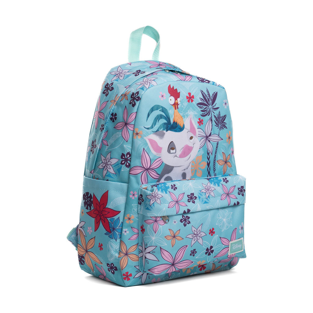 A light blue backpack featuring a colorful floral pattern and Pua and Hei Hei from Disney's Moana, shown on a plain white background.