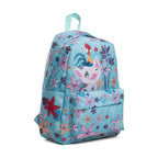 A light blue backpack featuring a colorful floral pattern and Pua and Hei Hei from Disney's Moana, shown on a plain white background.