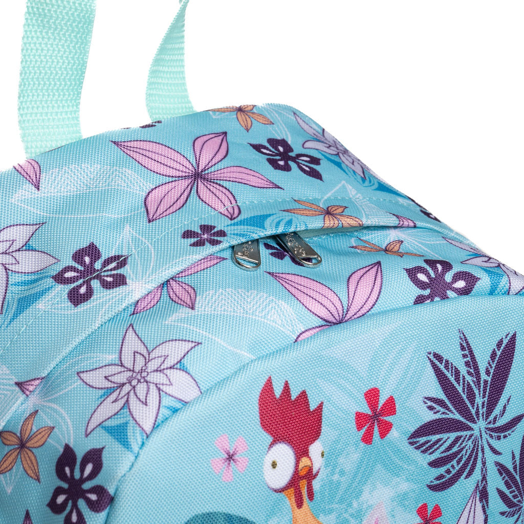 A close-up of a light blue backpack featuring a colorful Hawaiian floral and bird print, including pink and purple flowers and mint green straps against a white background.