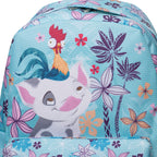 A close-up of a light blue backpack featuring Pua and Hei Hei from Disney's Moana  on a colorful tropical print with floral motifs.